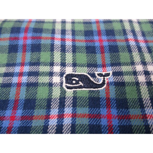 Vineyard Vines Shirt Men Large Slim Green Blue Whale Flannel Cotton Button Up - Picture 4 of 9